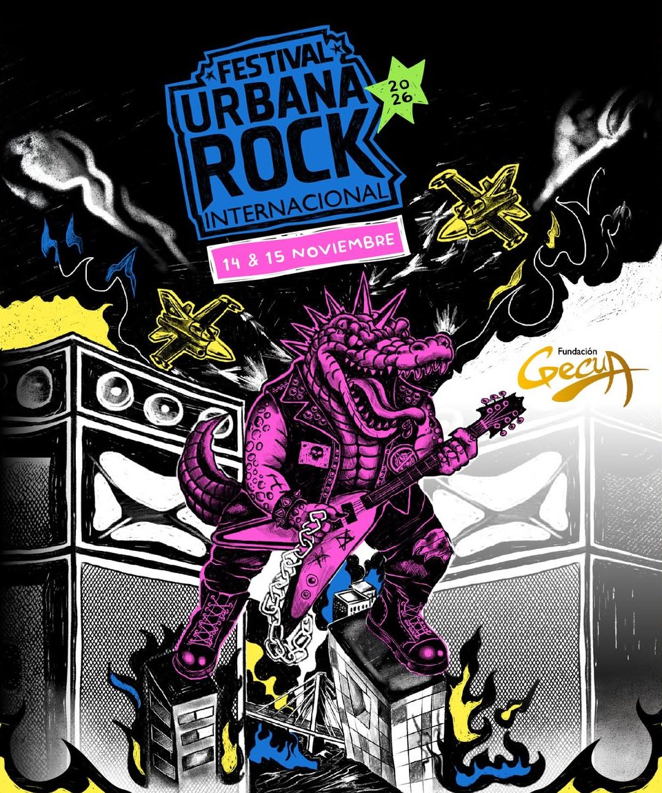 Afiche oficial Urbana Rock Internacional 2026: un cocodrilo punk rosado toca guitarra sobre los edificios de Barranquilla, frente a muros de amplificadores